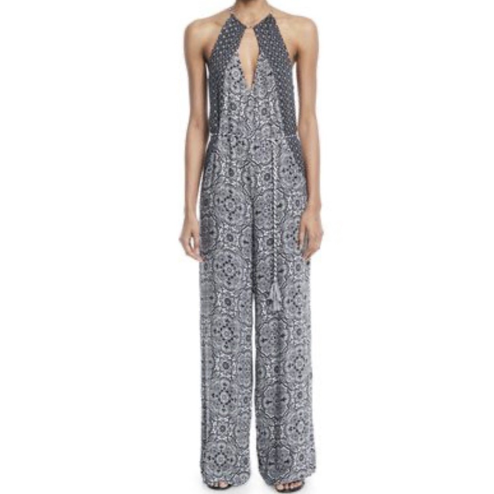 TJD Jumpsuit Womens L Black Boho Halter Wide‎ Leg Floral Print Rayon Festival